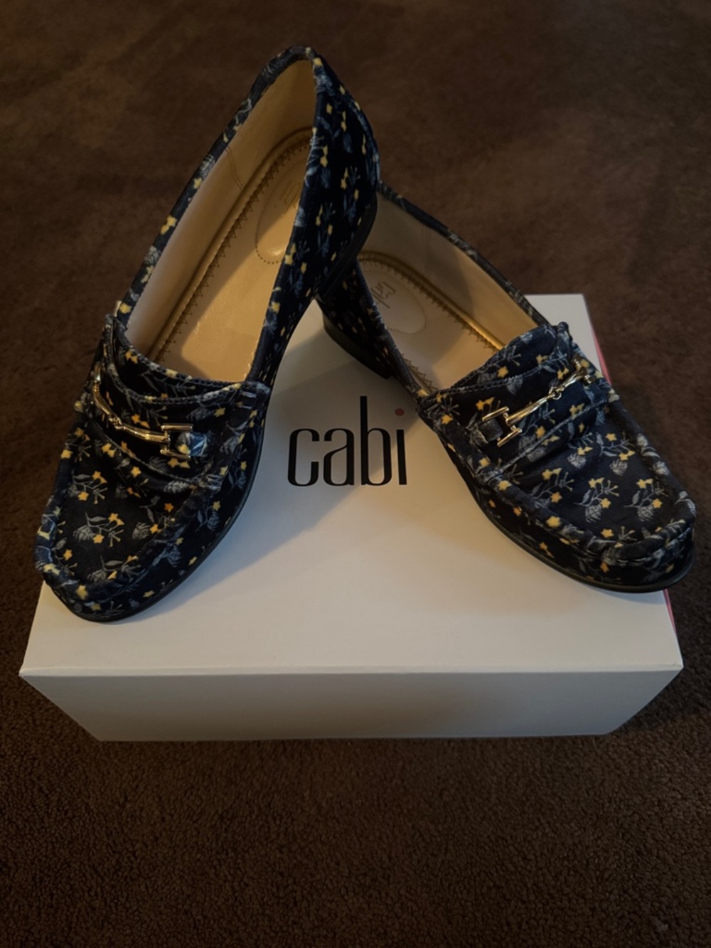 CAbi Navy Floral Loafers with Gold Accent